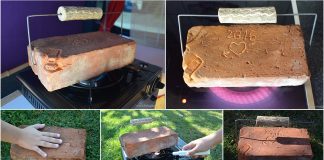 Ein Backstein wird zur mobilen Campingheizung Backstein aufwärmen